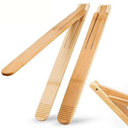 Pinze da cucina in bambù (set da 2) - Pinze da cucina pieghevoli da 28 cm con design salvaspazio, impugnatura antigraffio per barbecue, insalata, campeggio e servizio - Utensili in legno naturale per