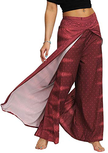 Nuofengkudu Femme Split Baggy Yoga Pantalon Large Jambe Hippie Imprimé Motif Ethnique Leger Mode Taille Haute Pants Ete Plage Decontracte Casual (Vin Rouge,L/XL)