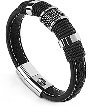 Lederarmband Herren mit gravur, herrenarmbände Leder, Armbänder für Herren mit Edelstahl Magnetverschluss, Geflochten Armband für Männer, Echtlederarmband für Männer jungen Geschenke Idee schwarz