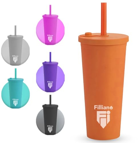 Filliano Bicchiere con cannuccia e coperchio Tumbler a doppia parete, Bicchiere per bevande 710ml Caffè, Tè, Borraccia con cannuccia , tazza con tappo , Tumbler con cannuccia