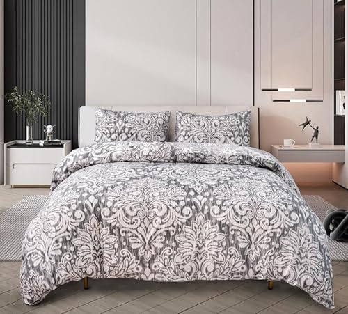 PRIME LINENS Duvet Cover Set 4 Pcs Brushed Microfibre Quilt Cover Bedding Set With Pillow Cases and Extra Fitted Sheet Included (Royal Damask Grey, Super King)
