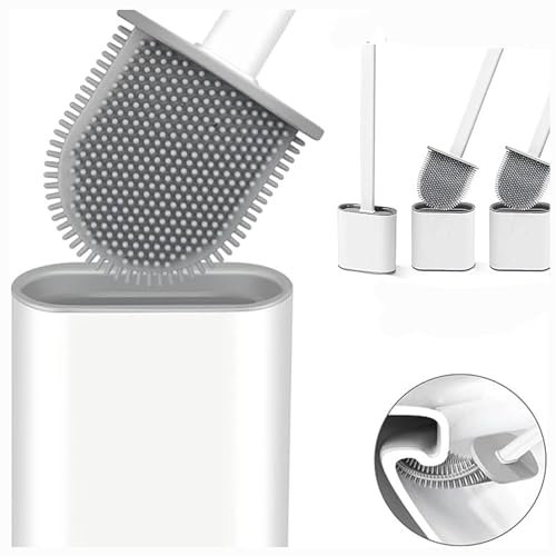 Revolutionary White 3 pack Deep Clean Silicone Toilet Brush & Quick Dry Anti-drip Holder, Flexible No scratch Bathroom Brushes
