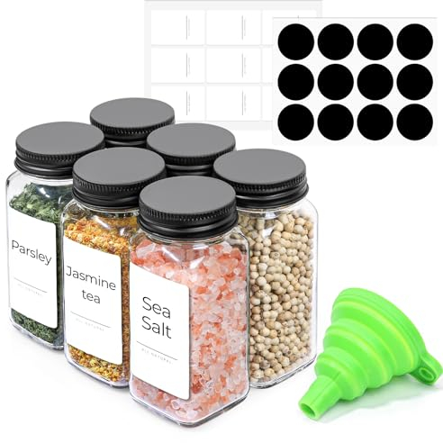 ComSaf 6Pcs 120ml Glass Spice Jars with Shaker Lids and Labels, Spice Jars Trial Set & Supplement Set, Empty Spice Containers and Square Spice Bottles for Kitchen and Seasoning