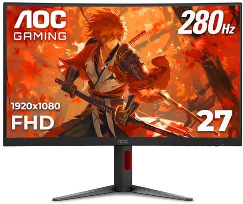 AOC 27 Curved Gaming Monitor, FHD 1080p, 280Hz (DP) 240Hz (HDMI), 0.3ms MPRT, VA Panel 1500R, AMD FreeSync Premium, HDR Ready, Height Adjustable, DisplayPort HDMI C27G4ZH