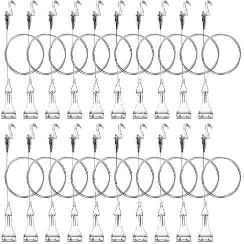 Okllen 20 Pack Picture Rail Hooks and Wire, Picture Rail Hanging System, 3ft Length Picture Hanging Wire with Loop & Adjustable Wire Hooks Kit, Silver