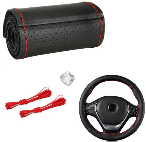 YUNZHISHIYE Coprivolante Universale Per Auto In Pelle Di Vacchetta Cucito A Mano, Coprivolante Per Auto In Morbida Pelle Fai-Da-Te Con Ago E Filo, Adatto Per Volante Da 37-39 Cm (linea rossa nera)
