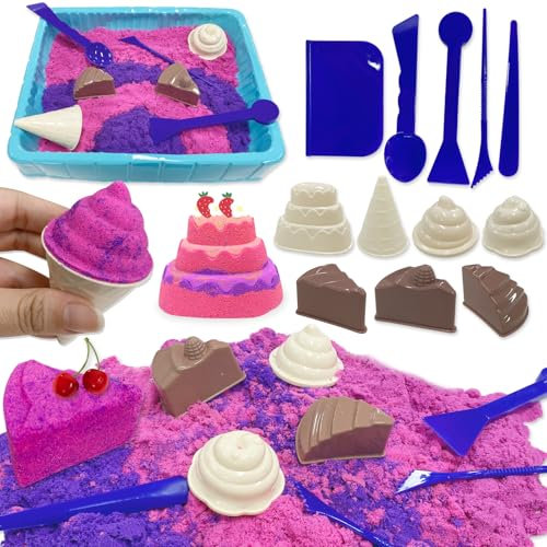 VBACALA Magic Sand Für Kinder,Magic Spielsand Koffer mit 500 G Sand,Eiscreme Kuchen Sandformen,Sensorisch Sandspielzeug Weihnachtsgeschenke für Jungen Mädchen