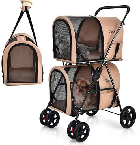 FANTASK Passeggino per cani a 2 piani con finestre a rete e portabevande per animali domestici fino a 16 kg, passeggino per gatti per 2 cani di piccola taglia, per cani e gatti, in beige