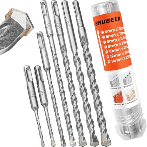 Coffret forets SDS Plus BAUBECK 7 pcs Ø4-14 x 210 mm - Acier 40CR, forets béton, pierre, SDS, foret percussion, outil pro durable