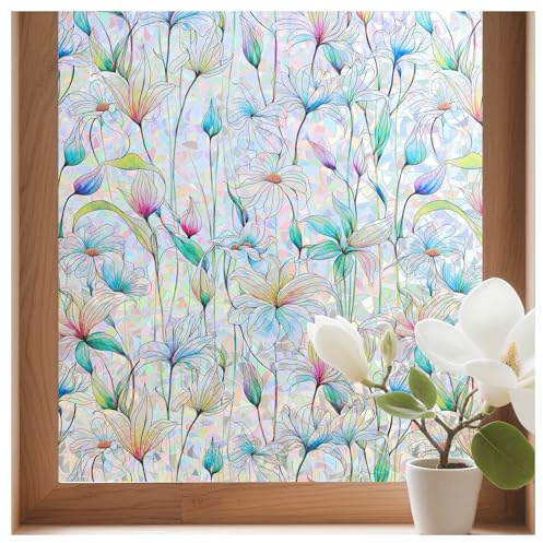 Conkov Window Privacy Film with Rainbow Effect, Tansparent Static Cling Stained Glass Film Self Adhesive, Removable 3D Decorative Window Cover for Home Office Glass, Magnolia alba, 60 x 200 cm