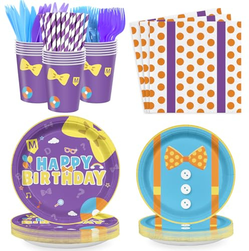 168PCS English Teacher Party Supplies for Boys Girls Purple Cartoon Teacher Themed First Birthday Party Decorations with Paper Plates Cups Tableware Set for 24 Guests