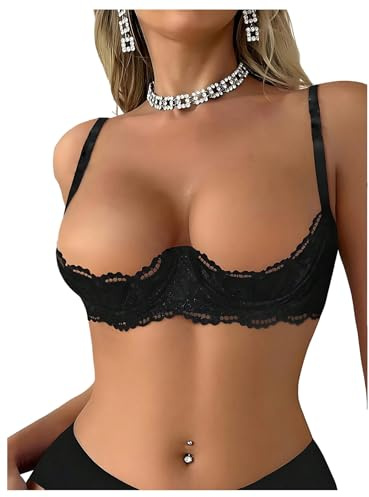 OYOANGLE Women's 1/4 Cup Lace Bra Balconette See Through Mesh Underwired Demi Spaghetti Strap Supportive Lingerie Bra Black Medium