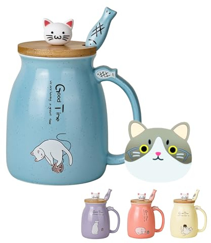 Söt kattmugg, kawaii, keramik, kaffekopp med Kitty trälock och vacker rostfri sked, nyhet morgonkopp, japansk djurmugg, julklapp, födelsedagspresenter för kvinnor
