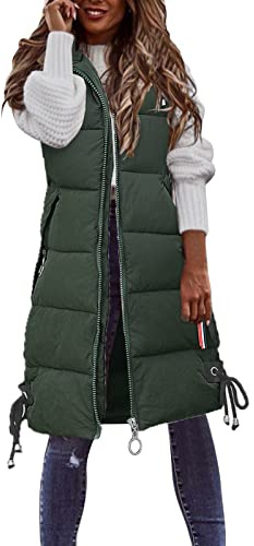 Gilet Femme Doudoune sans Manche Matelassée Zippé Gilets avec Poches Duveteux Blouson sans Manche Élégant Casual Outdoor Manteau Chaud Veste Polaire avec Capuche Hiver Longue Grande Taille M-4XL
