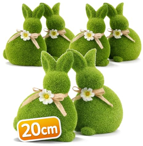 com-four® 6 figure coniglio pasquale con fiocco e fiori, statuetta verde in ceramica, coppia decorativa rivestita in erba sintetica per primavera (6 conigli da 20 cm)