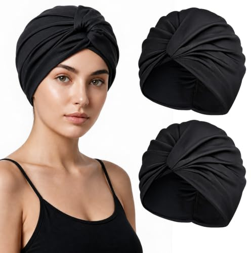 Kiiwah Lot de 2 Bonnet de Bain, Bonnet Piscine Femme en Nylon, Bonnet de Bain Élastique, Tissu Doux Bonnet de Natation, Piscine Baignade Turban pour Cheveux Longs Femme Adolescentes Fille