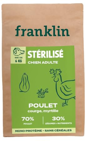 Franklin – Croquettes pour Chien Stérilisé – Gamme Protéinée – avec 70% de Poulet – Mono-protéine – sans Céréales – Forme Ronde 13mm – 6 kg