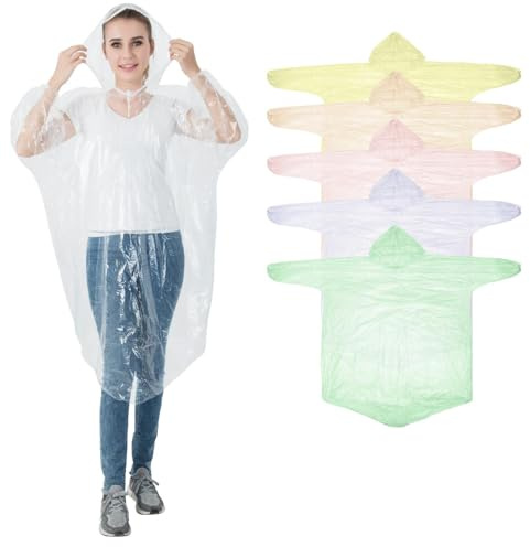 Igoera®️ Poncho pluie jetable multicolore. Lot de 5. Cape de pluie à capuche pour festival, concert, randonnée, vélo, camping et plein air. À usage unique