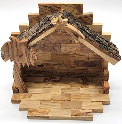 Zuluf Olive Wood Nativity Stable - 8.5x4.12x6.6 Inches - Natural Bark Roof | Hand Made from Bethlehem Olive Wood NAT110