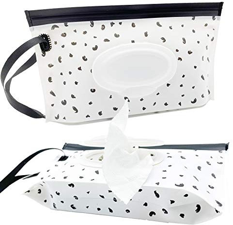 Portable Baby Wet Wipe Pouch Bags, Reusable & Refillable Wipes Dispenser, Eco Friendly & Lightweight Travel Wet Wipe Holder (2 Pack, Black Feather)