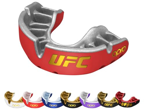 OPRO Gold Level UFC tandskydd, vuxna och juniorsport munskydd, med revolutionerande monteringsteknik för UFC, boxning, MMA, kampsport, BJJ och alla kontaktsporter (röd, vuxen)