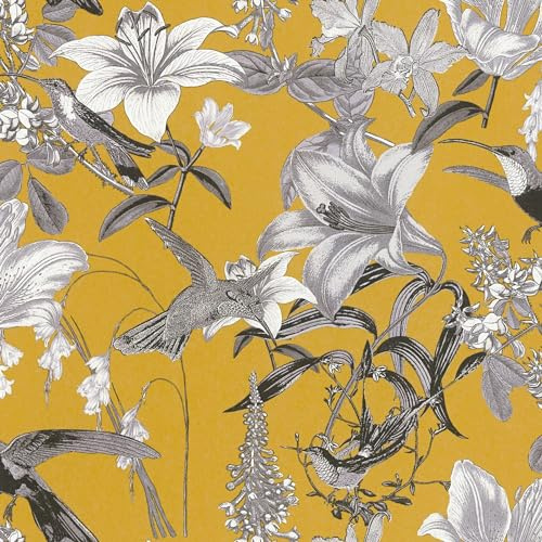 Flowers wallcovering Wall Profhome 377013-GU Non-Woven Wallpaper Smooth with Floral Pattern matt Yellow Grey Black White 5.33 m2 (57 ft2)