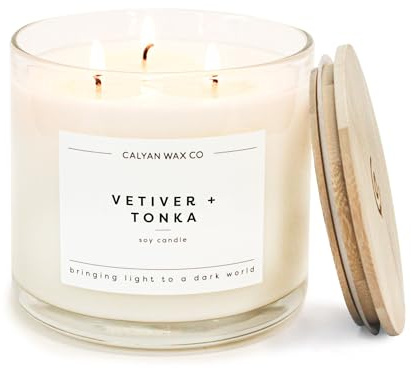 Calyan Wax Co. Vetiver & Tonka 3 Wick Scented Candle - 43 Hour Burn - Luxury 3 Wick Soy Candles - Non Toxic Soy Wax Candles - Long Lasting Large Glass Jar Candle for Home - 14.9oz