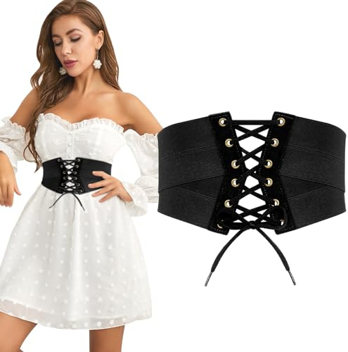 JasGood dam elastiskt korsettbälte, hög midja cinch midjebälte, bred linda retro dambälte för klänning, halloween cosplay bälte, A-svart, Taillenumfang anpassen 79-90cm