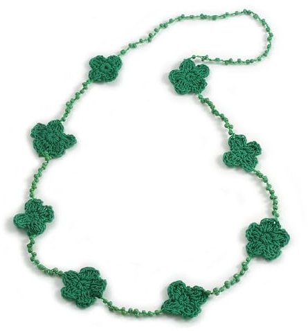 Avalaya Collana lunga fatta a mano con fiori verdi all'uncinetto, con perline di vetro, leggera, 100 cm di lunghezza, Misura unica, Cordoncini, Nessuna pietra preziosa