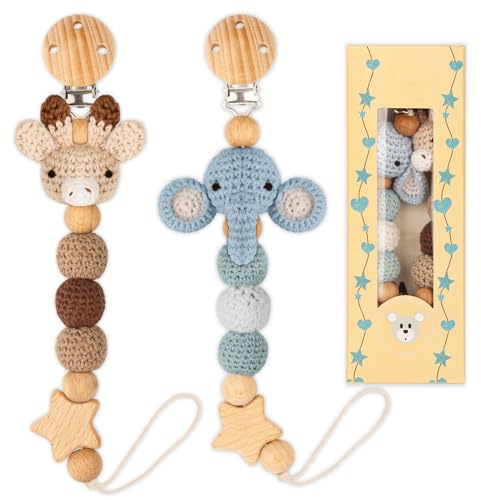LSTRAGY Pacifier Clip, 2 Pack Pacifier Holder for Boys and Girls, Cute Deer Handmade Knitted Christmas Pacifier Clip Fits for Most Pacifier, Baby Teethers, Baby Shower and Baby Gift(Elephant&Deer)