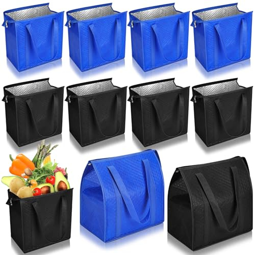 Locmeo 10 Pack Large Insulated Grocery Bags Reusable Shopping Bags with Zippered Top 13 x 12 x 7 Inch Thermal Cooler Totes Bulk with Handles for Hot Cold Food Delivery Refrigerator (Blue and Black)