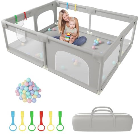 GOI Laufstall Baby, 200x160 CM Extra-großes Laufstall für für drinnen und draußen,Kinder Laufstall mit weichem atmungsaktivem Netz, inklusive 50 Bällen, 6X Zugringen, Hellgrau