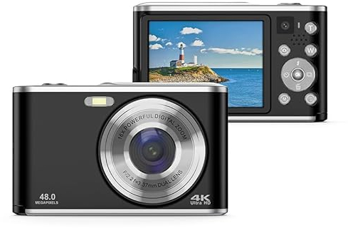 16X Digital Zoom Camera for Travel Photography, 2.4 Inch 44MP 4K Ultra HD Dual Lens Camera, Shock Proof Compact Digital Camera for Travel Graduation for Adults and Teens (Black)