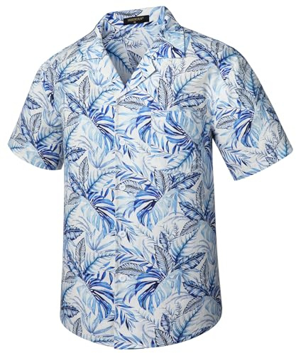 HISDERN Mens Hawaiian Shirts Short Sleeve Summer Hawaiia Casual Cuban Shirt Beach Holiday Funky Leaf Printed Blue XL