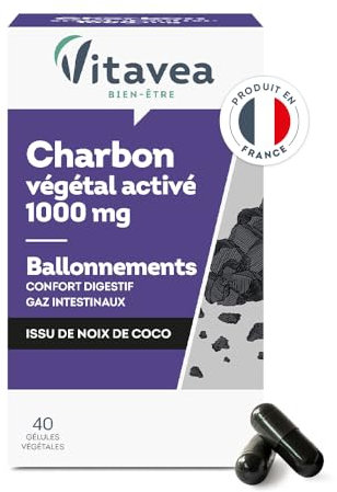 VITAVEA BIEN-ETRE - Charbon Actif Végétal 1000 mg - Complément Alimentaire Triple Action - Confort Digestif, Ballonnements, Gaz Intestinaux - 40 gélules - Cure de 10 jours - Fabriqué en France