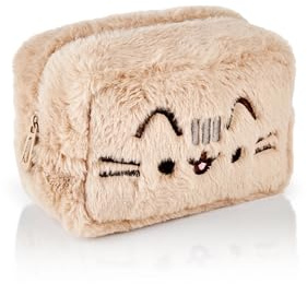 Pusheen Donna Fluffy Borsa per il trucco | Pelliccia All Over da donna con logo ricamato in marrone chiaro | Custodia cosmetica con zip con logo classico Contenitore per abbigliamento per gatti