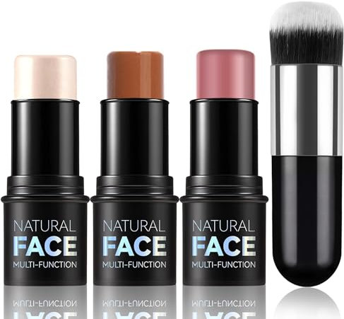 Ledeak 3Pcs Contour Highlighter Blush Stick, Long Lasting Waterproof Bronzer Cream Contour Highlight Multi-Stick, Natural Weightless Creamy Texture Matte Contouring Stick Makeup Set with Brushe