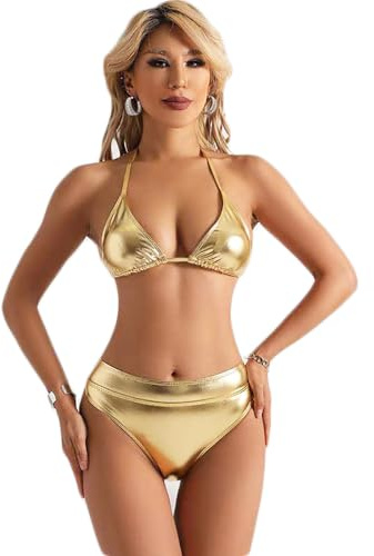 THSCWY Dam metallisk bikini set tvådelad baddräkt glänsande silver guld baddräkt triangel bikini toppar och nederdel set, Guld, M