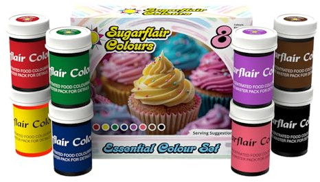 Sugarflair Essentials Food Colouring Paste Set 8x 25g - Vibrant Concentrated Paste for Cake Decorating, Sugar Paste, Buttercream, Royal Icing, Macarons - Bake-Stable, Vegan, Kosher