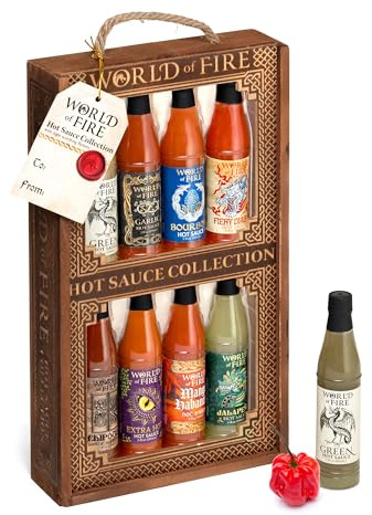 World of Fire Coffret cadeau 8 bouteilles de sauce piquante dans une caisse en bois