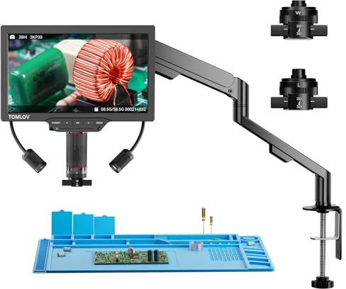 TOMLOV TM3K-3D Max 10,1 IPS Microscope Numérique Lentilles Magnétiques, Microscope de Soudure 3D pour Adultes, Loupe 3K HDMI pour Pièces de Monnaie avec LED, Tapis de Réparation, Bras Flexible, 64Go