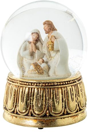 DRW Palla di neve con figura Natività Musicale in Resina a Corda in Bianco e Oro 10x10x14.5 cm