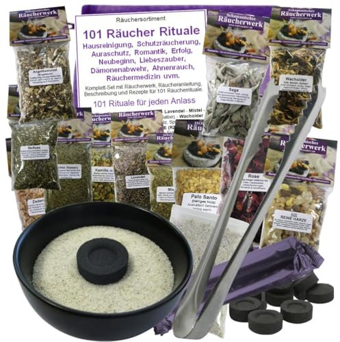 Hausreinigung Räuchern - 20-TLG Räucher-Set 101 Rituale, Schutz, Meditation, Rauhnächte, Negative Energie ausräuchern UVM. 12 x Räucherwerk, RÄUCHERSCHALE, Zange, Kohle, Anleitung 81900-25SZ