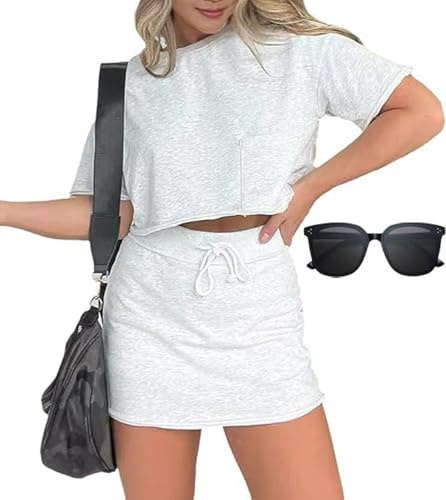 Pink Laura Lounge Cropped tee Skort Set, 2 Piece Summer Skirt Sets for Women, Two Piece Tennis Skirt Set for Women (Grey,L)