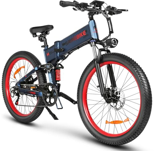 SAMEBIKE LO26plus Bicicleta Eléctrica Plegable 26 Pulgadas para Mujeres y Hombres, Motor 250W, Batería 15Ah 120Km, Cambio Profesional 7 Velocidades, Frenos de Disco Hidráulicos de Aceite (Blue)