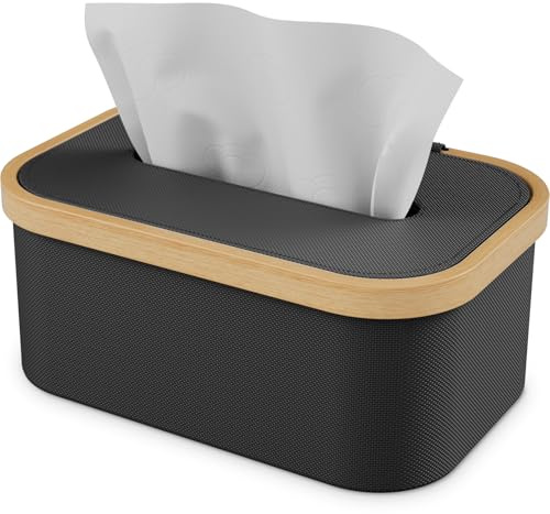 Vireon Caja dispensador de pañuelos de bambú con caja de pañuelos de tela Oxford, caja de pañuelos de papel, caja de pañuelos de papel, caja de pañuelos cosméticos para salón, baño, cocina en negro