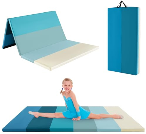 GOPLUS Gymnastikmatta vikbar, 180 x 120 x 4 cm, vikbar fitnessmatta av konstläder, gymnastikmatta med kardborrfästen och bärhandtag för barn och vuxna (blå)