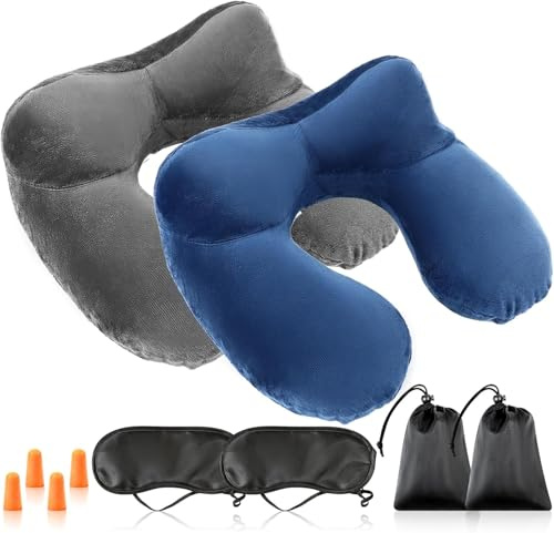 Cuscino da Viaggio Gonfiabile, 2 Pezzi Cuscino Collo con Tappi per le Orecchie e Maschera, Cuscino per il Collo da Viaggio, Portatile Cuscino Gonfiabile per Aereo Macchina Campeggio Casa