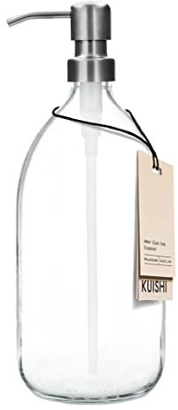 Kuishi Dispenser di Bottiglie con Pompa in Vetro Trasparente [1000 ml, Pompa Argento] Bottiglia Dispenser Riutilizzabile in Vetro Ambrato con Pompa in Acciaio Inossidabile, Eco-friendly (senza BPA)