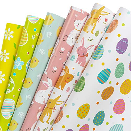 RUSPEPA Fogli Di Carta Da Regalo - Motivo Pasquale Di Primavera Per Compleanni, Vacanze, Feste, Baby Shower - 1 Rotolo Contiene 6 Fogli - 44,5 X 76 cm Per Foglio